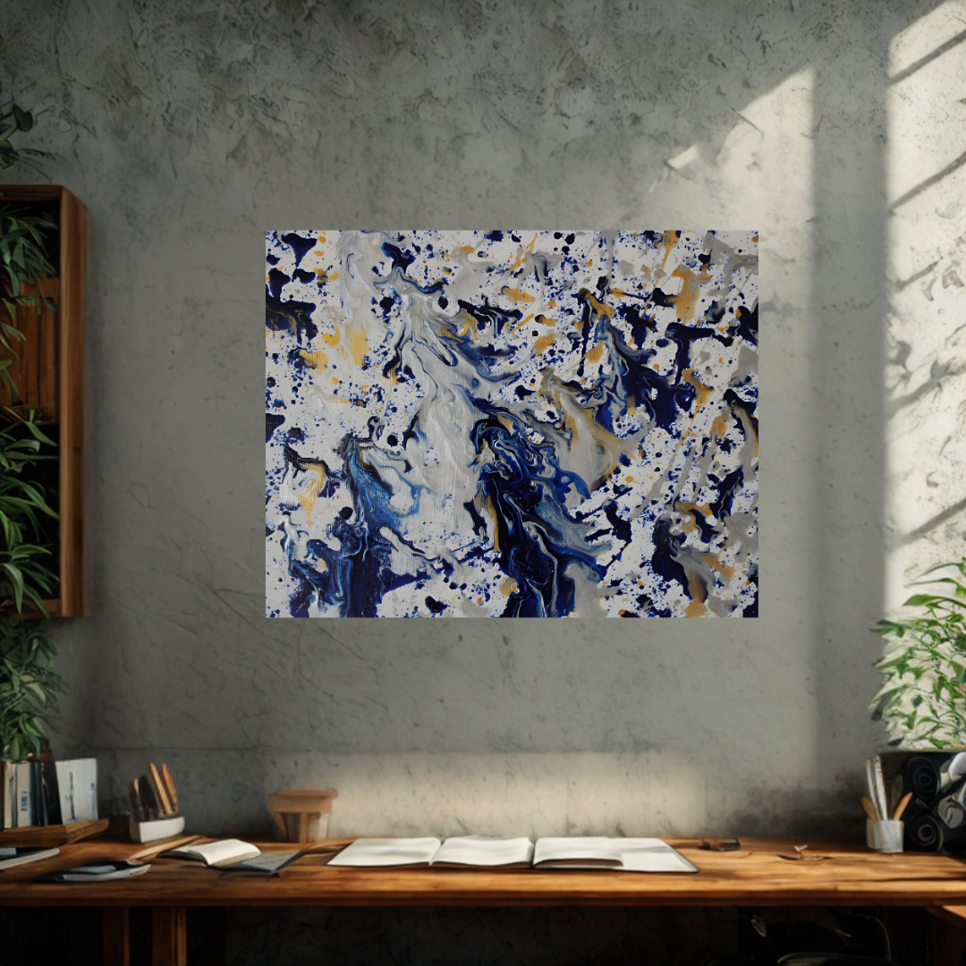 Abstract painting on a wall above a wooden desk with books and plants.