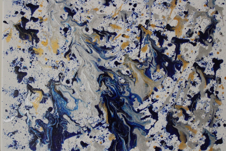 Abstract art piece with blue, yellow, and gray splashes on a textured background