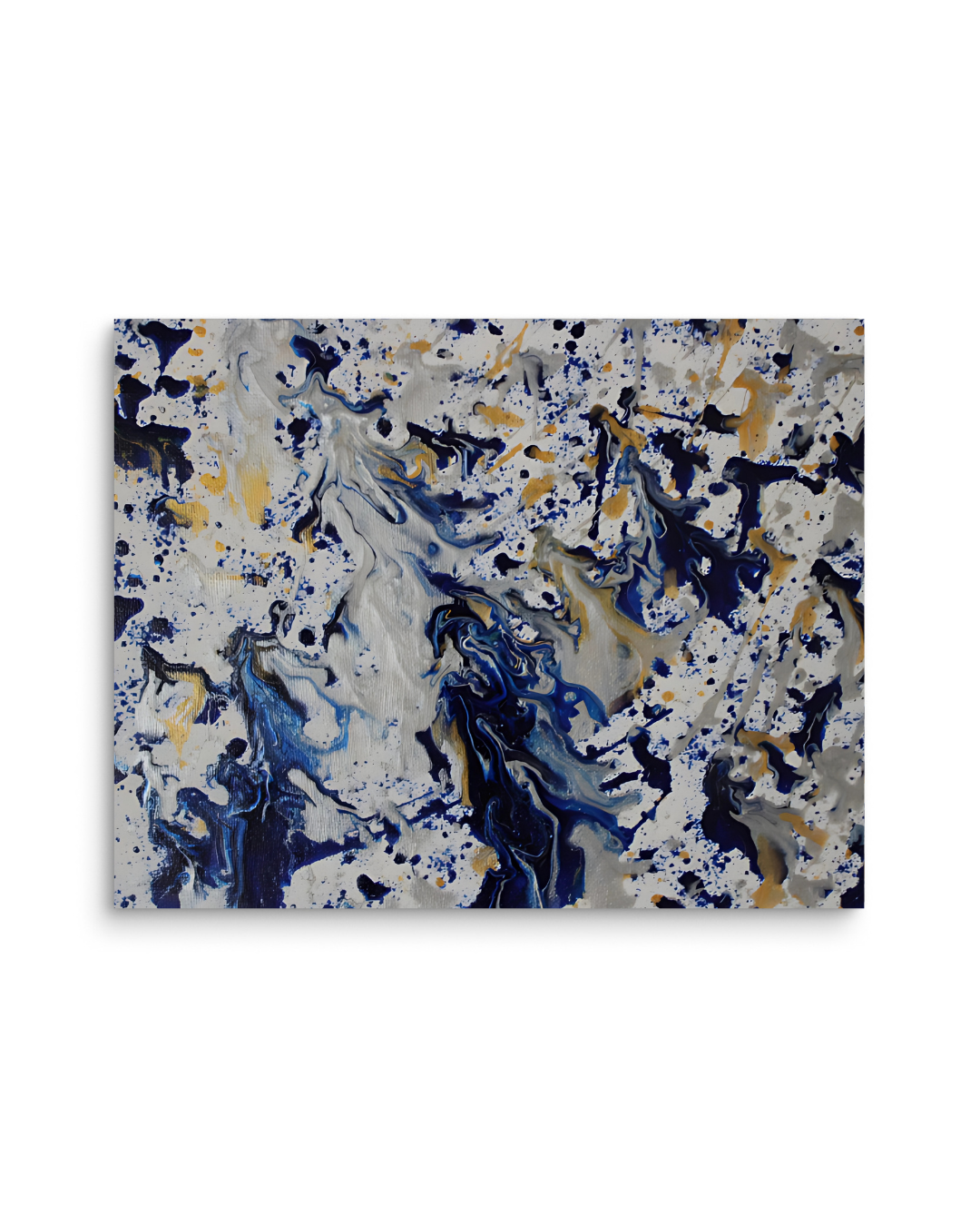 Abstract art piece with blue, white, and gold splashes on a white background
