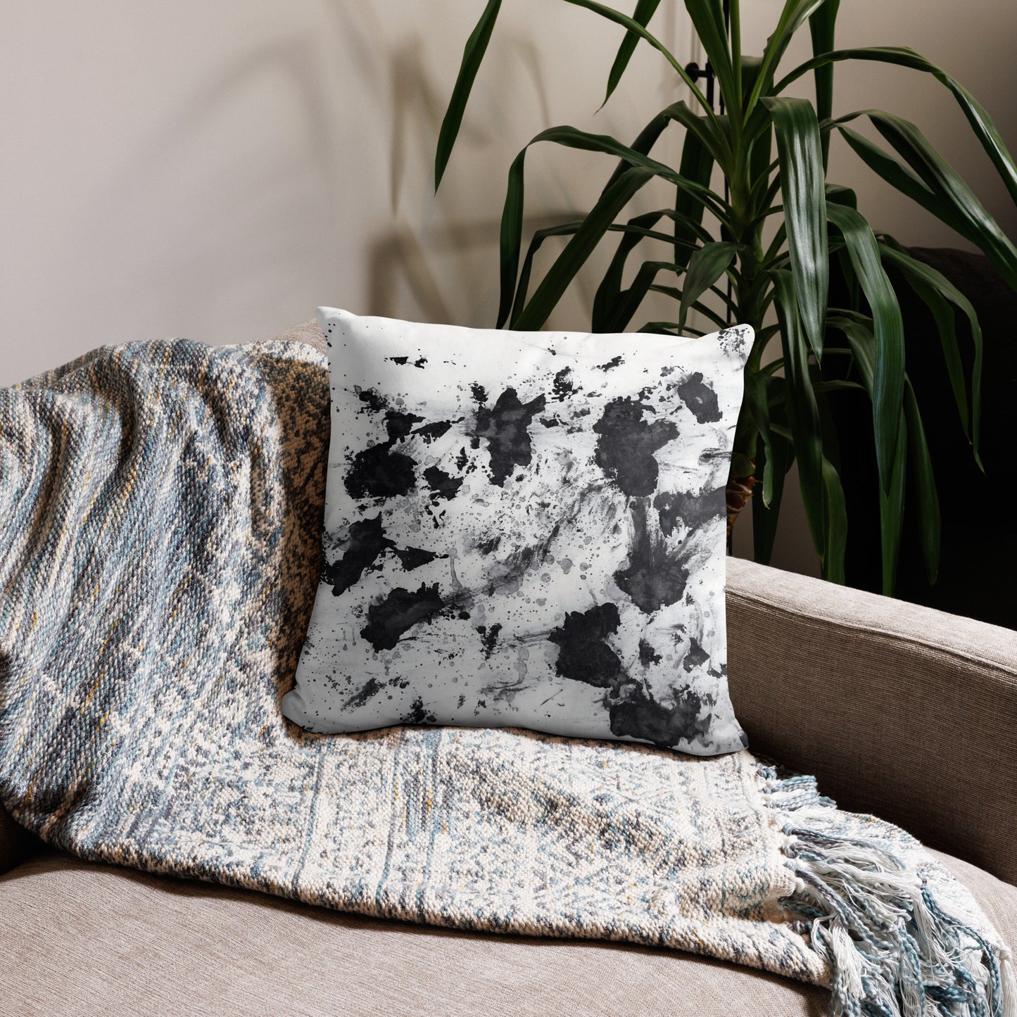 Decorative Pillow, Black and White Splatter Design