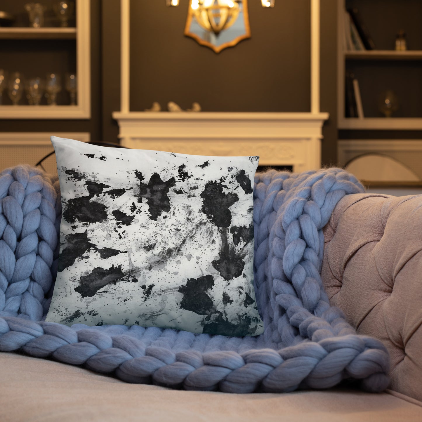 Decorative Pillow, Black and White Splatter Design