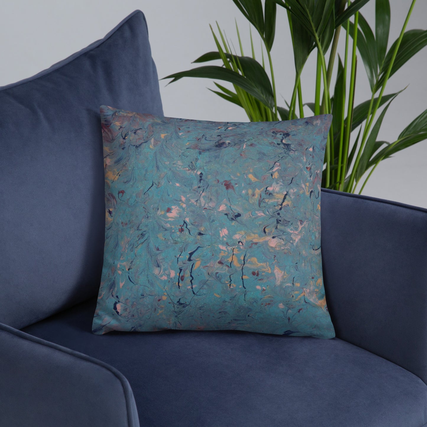 Decorative Accent Pillow and Cover with Abstract Blue, Pale Yellow, and Pink Pattern