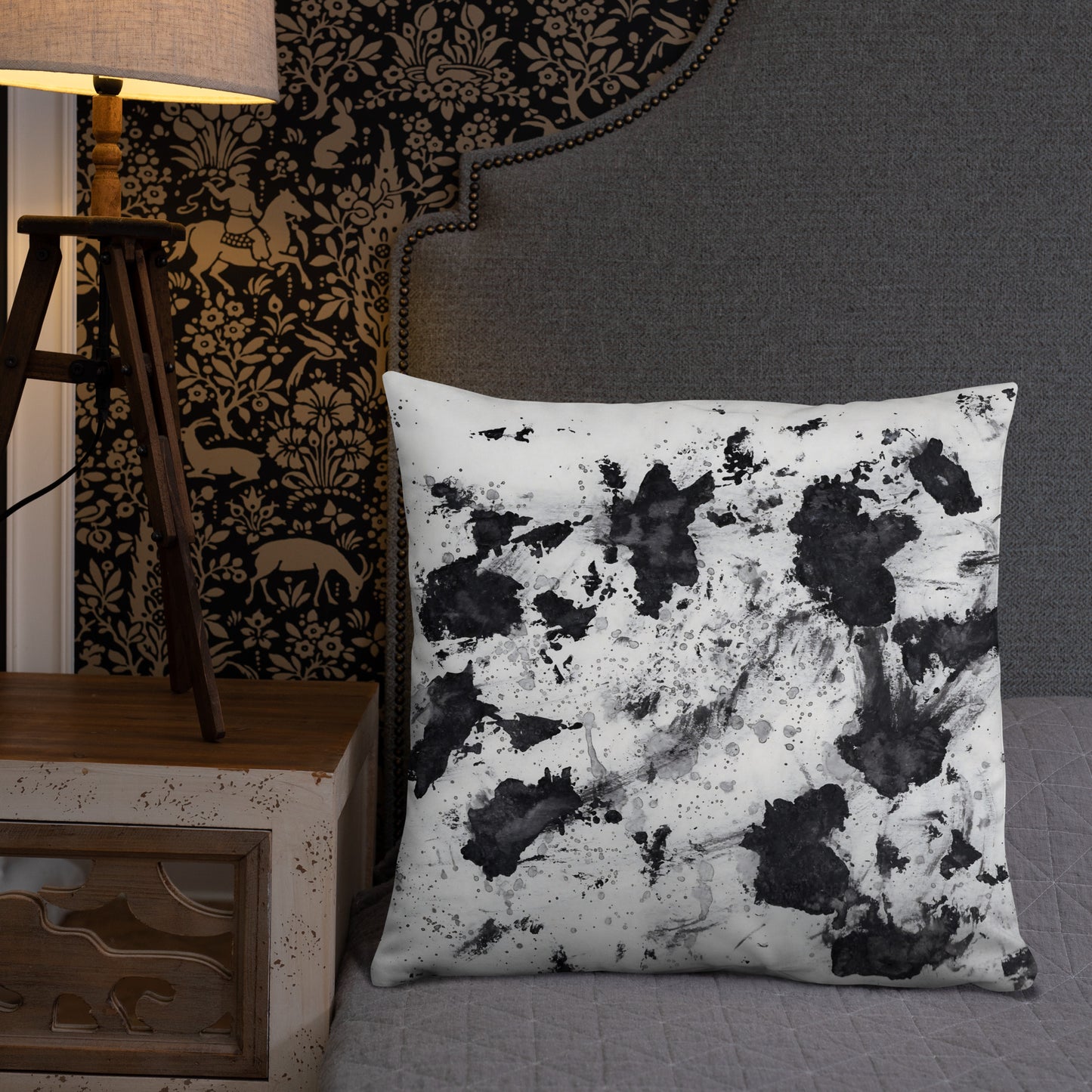 Decorative Pillow, Black and White Splatter Design