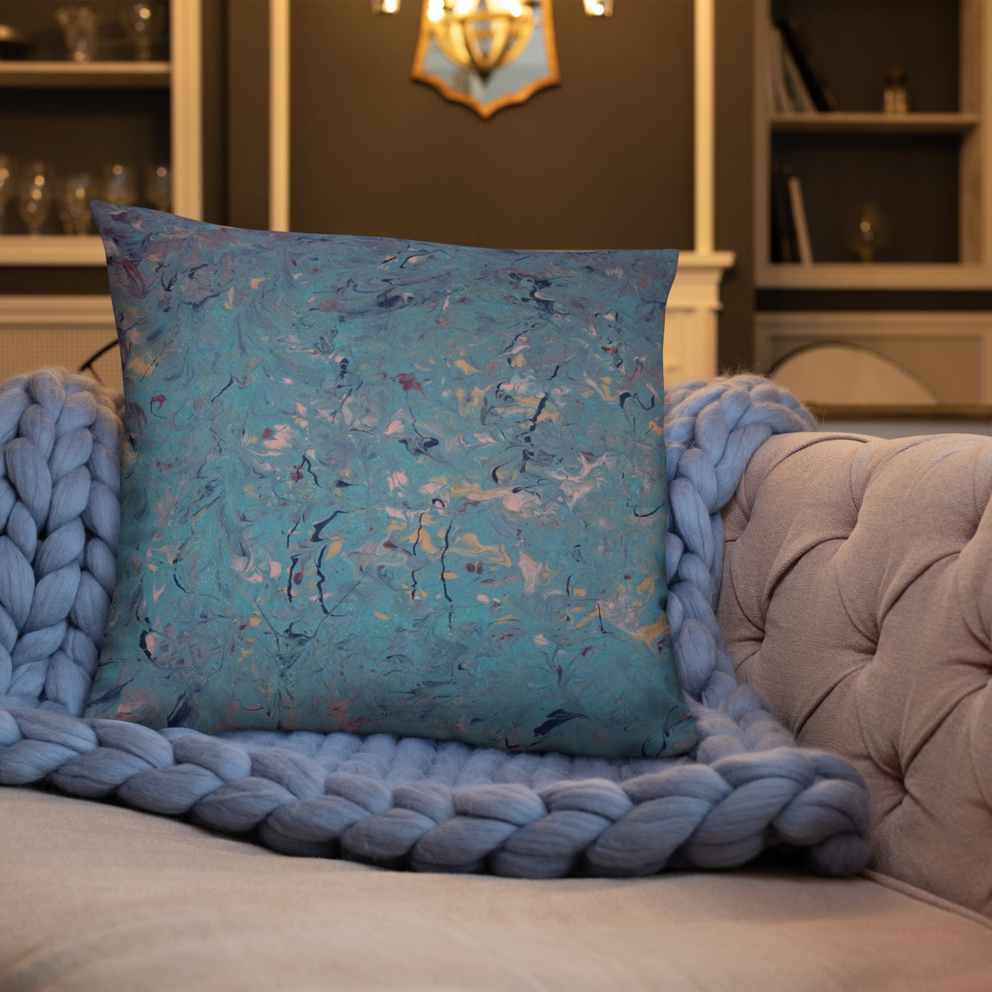 Decorative Accent Pillow and Cover with Abstract Blue, Pale Yellow, and Pink Pattern