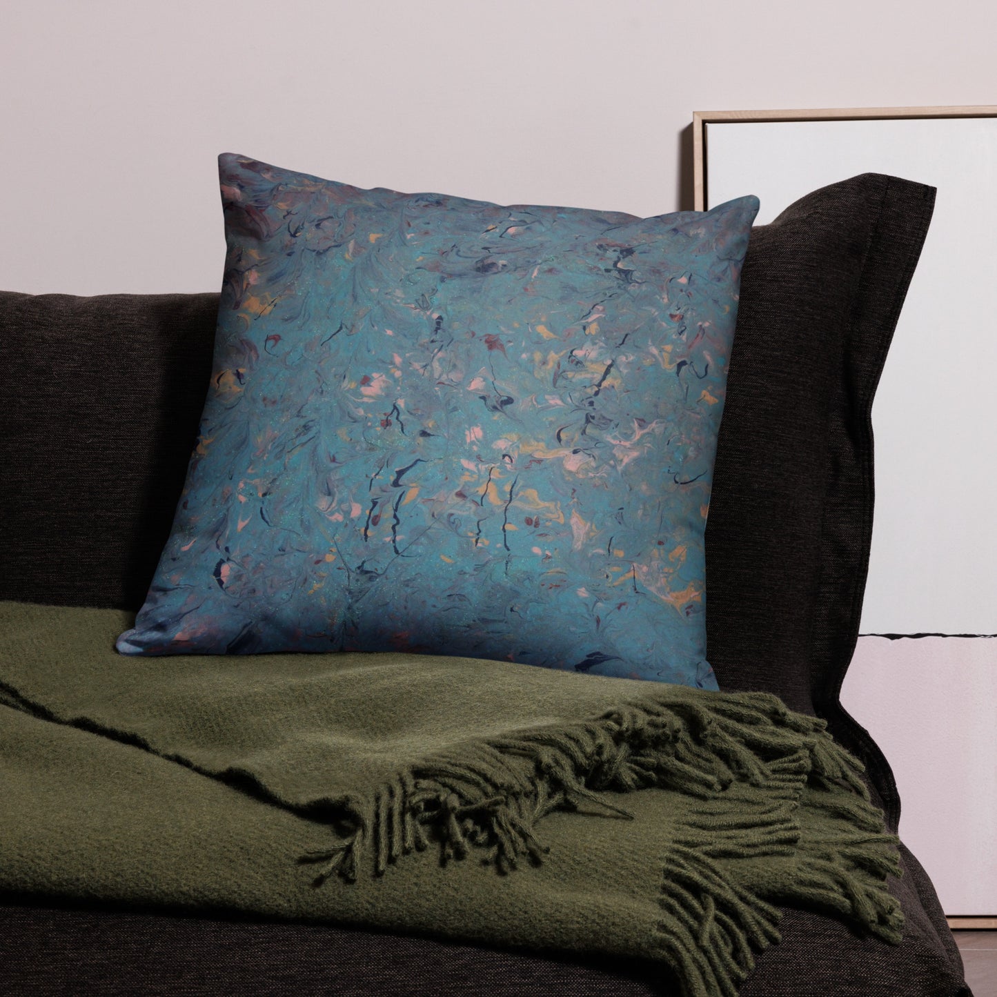 Decorative Accent Pillow and Cover with Abstract Blue, Pale Yellow, and Pink Pattern