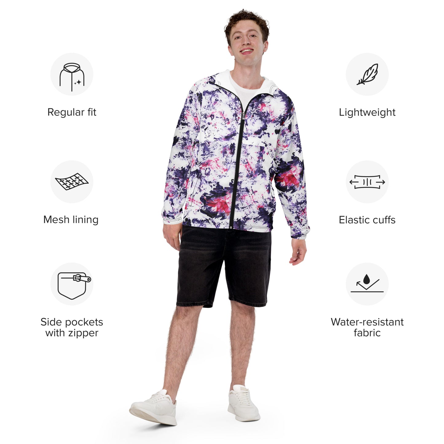 Men's Tie-Dye Windbreaker Jacket | Purple and Pink Abstract Pattern | Lightweight Hooded Design