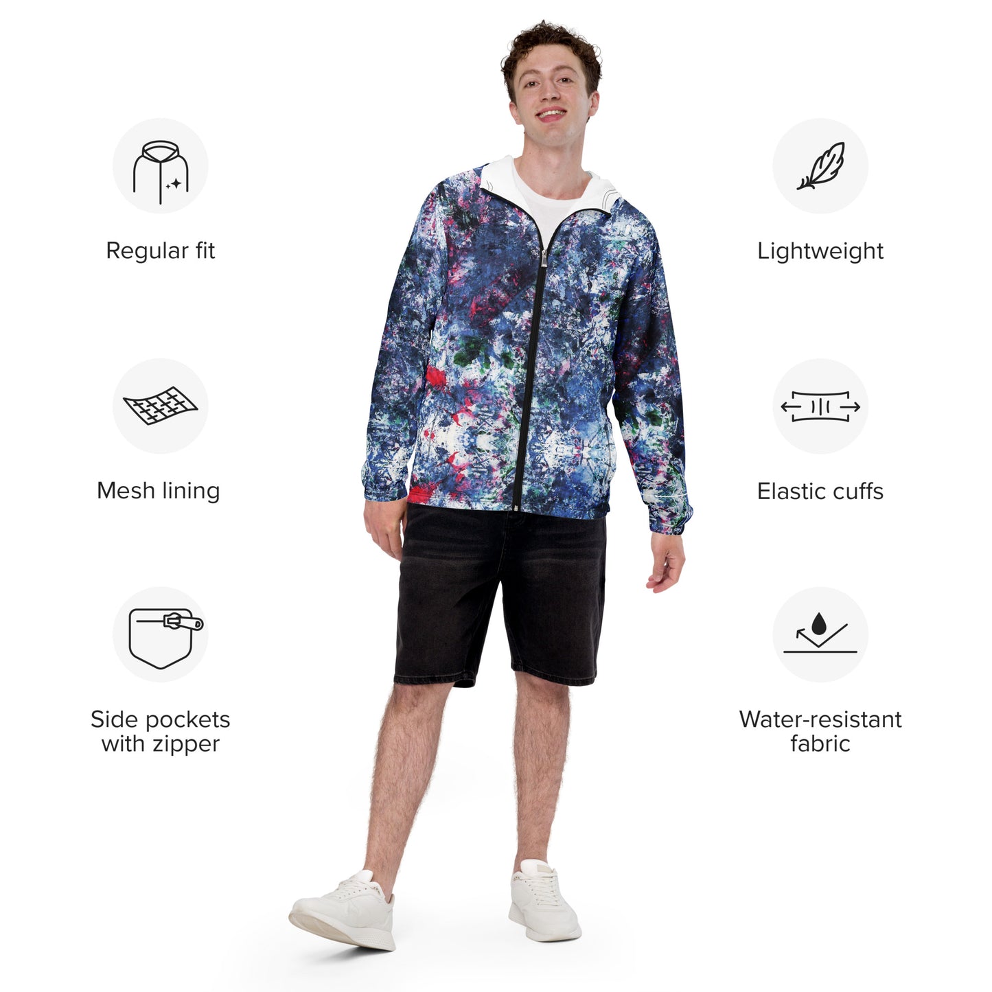 Men's Lightweight Windbreaker Jacket | Vibrant Print | Water-Resistant | Regular Fit | Mesh Lined with Zippered Pockets