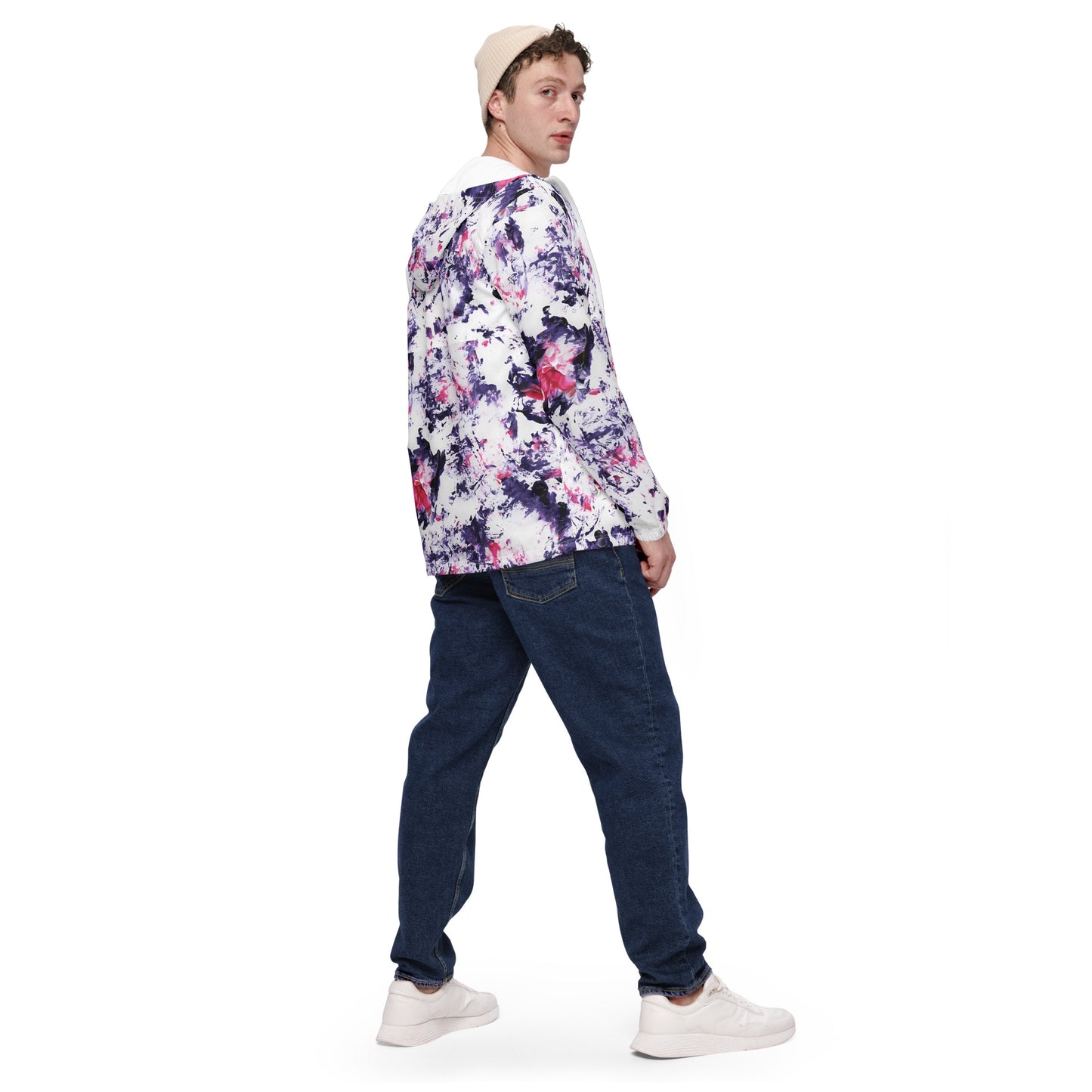 Men's Tie-Dye Windbreaker Jacket | Purple and Pink Abstract Pattern | Lightweight Hooded Design