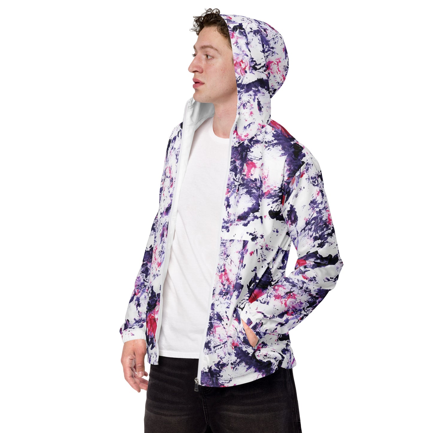 Men's Tie-Dye Windbreaker Jacket | Purple and Pink Abstract Pattern | Lightweight Hooded Design