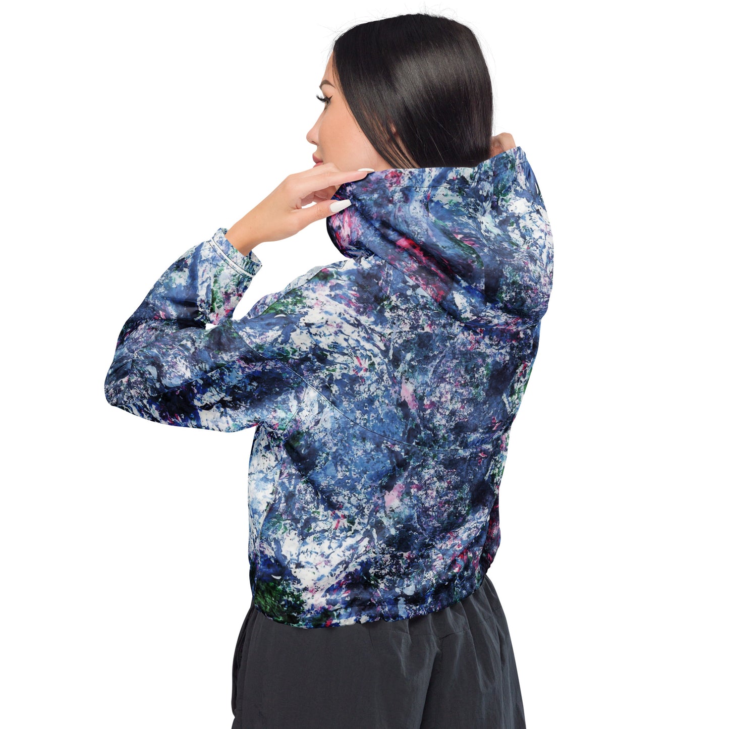 Women's Cropped Half-Zip Hoodie | Abstract Blue Multi-Colour Print | Drawstring Hem