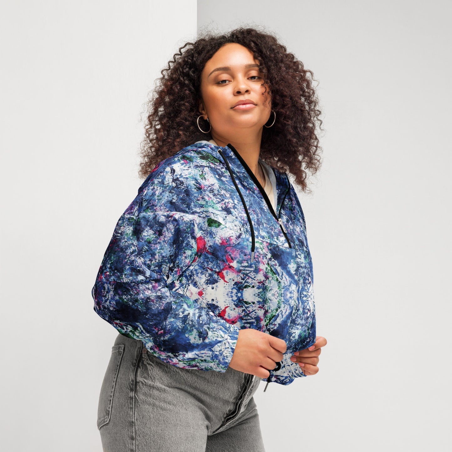 Women's Cropped Half-Zip Hoodie | Abstract Blue Multi-Colour Print | Drawstring Hem