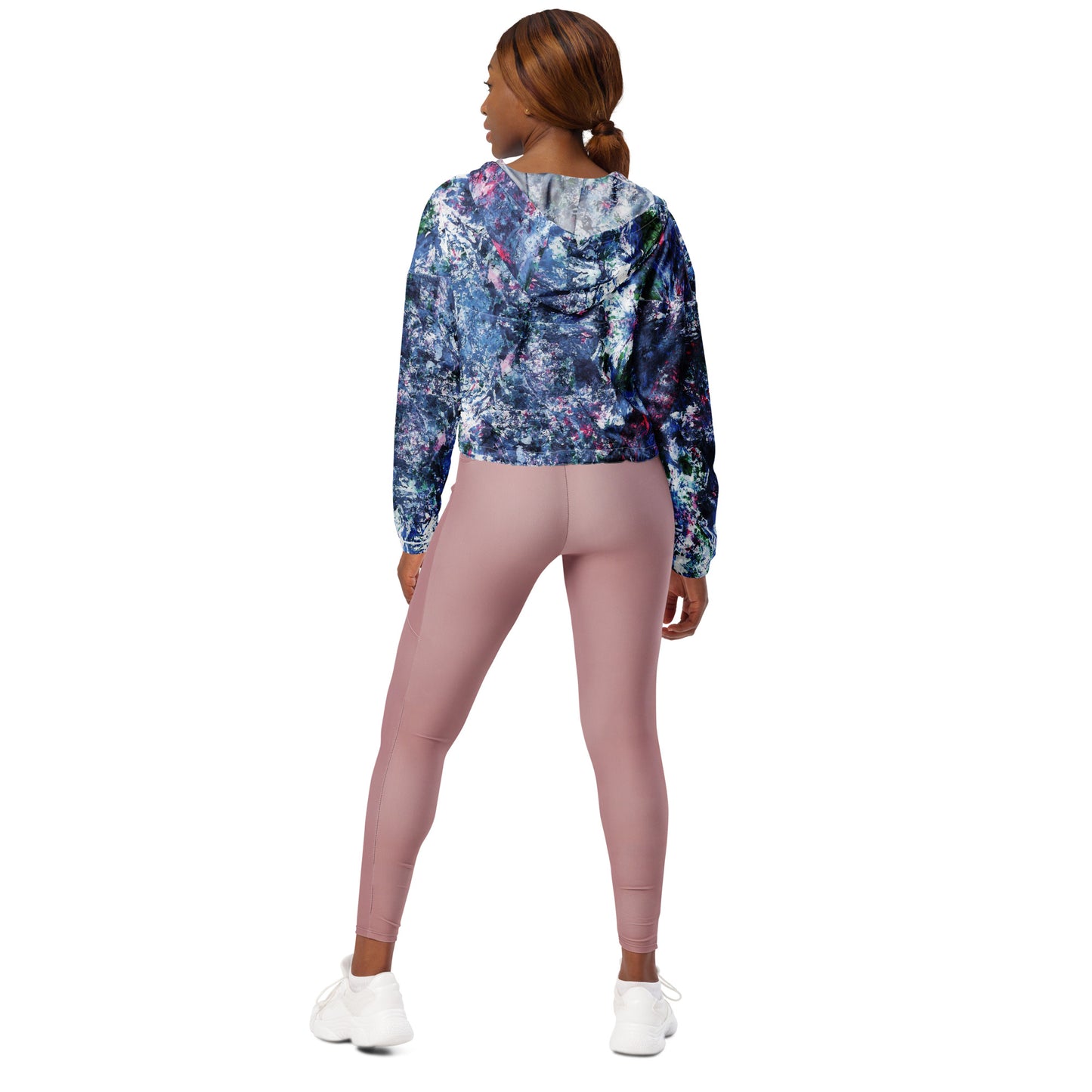 Women's Cropped Half-Zip Hoodie | Abstract Blue Multi-Colour Print | Drawstring Hem