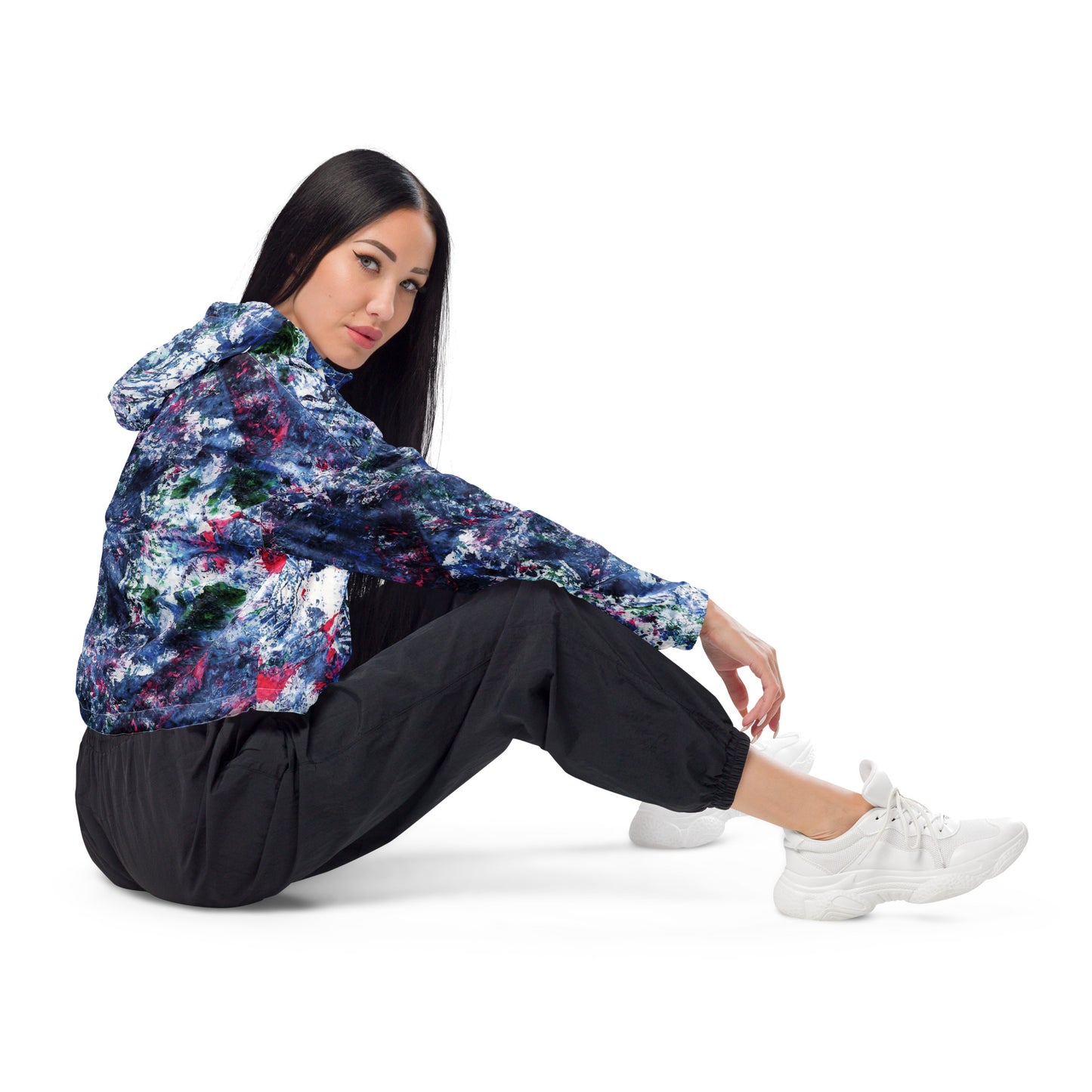 Women's Cropped Half-Zip Hoodie | Abstract Blue Multi-Colour Print | Drawstring Hem