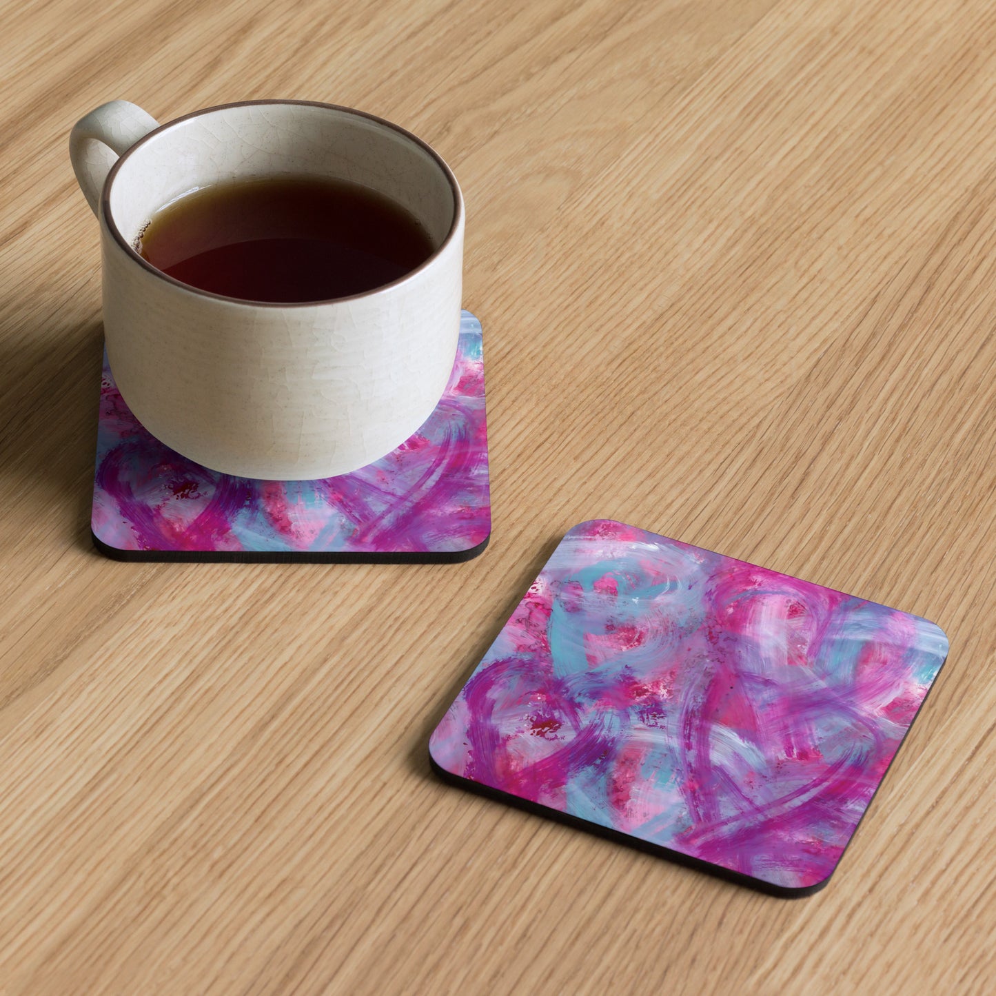 Pink, Purple and Blue Hearts | Cork Coaster | Square Design