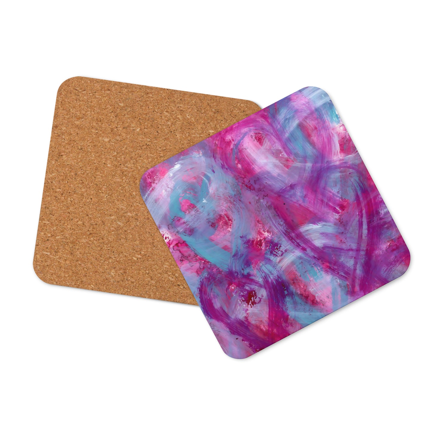 Pink, Purple and Blue Hearts | Cork Coaster | Square Design