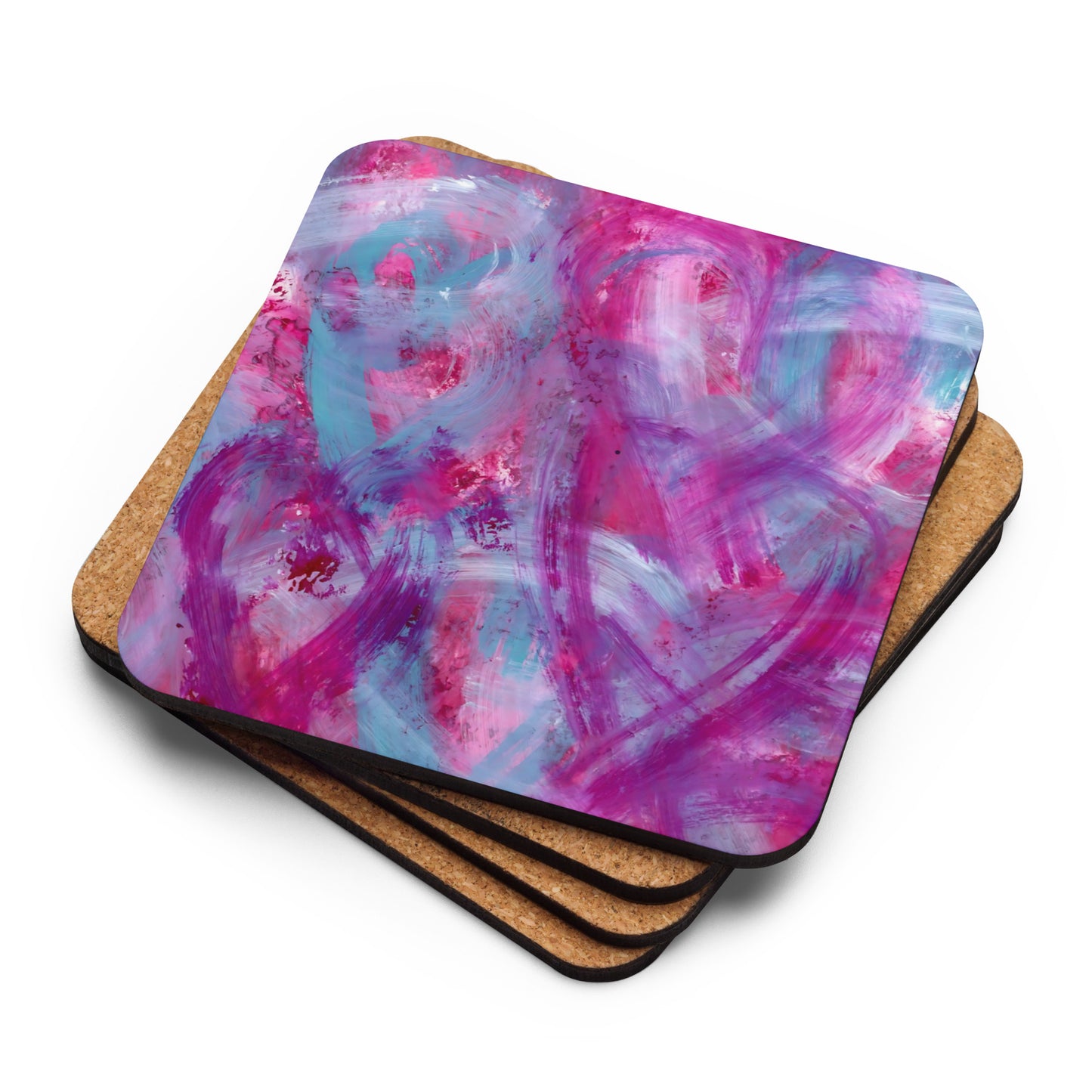 Pink, Purple and Blue Hearts | Cork Coaster | Square Design