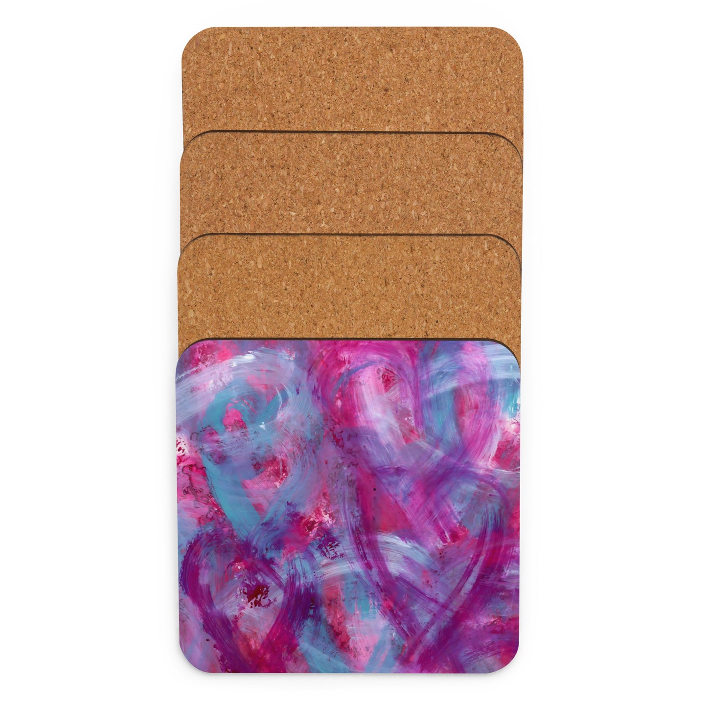 Pink, Purple and Blue Hearts | Cork Coaster | Square Design