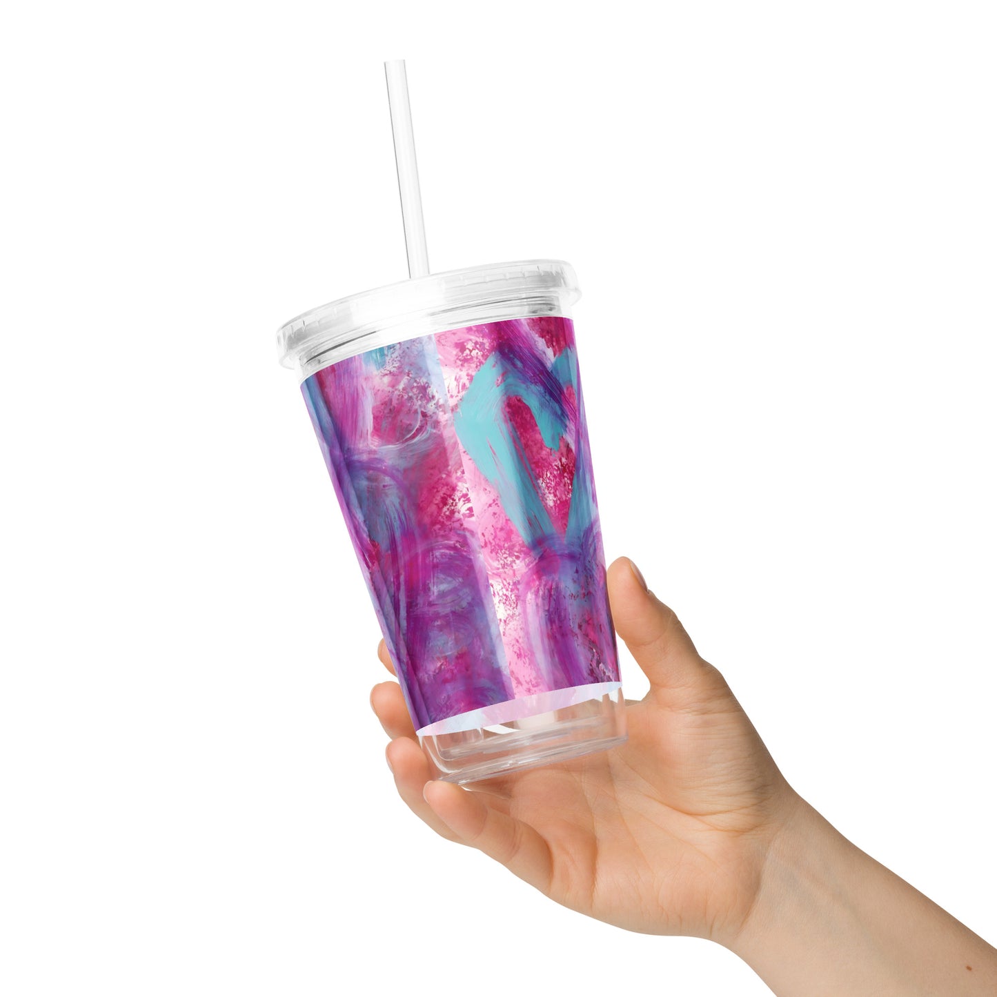 Pink, Purple and Blue Hearts | Double-Wall Clear Tumbler with Straw | 16oz