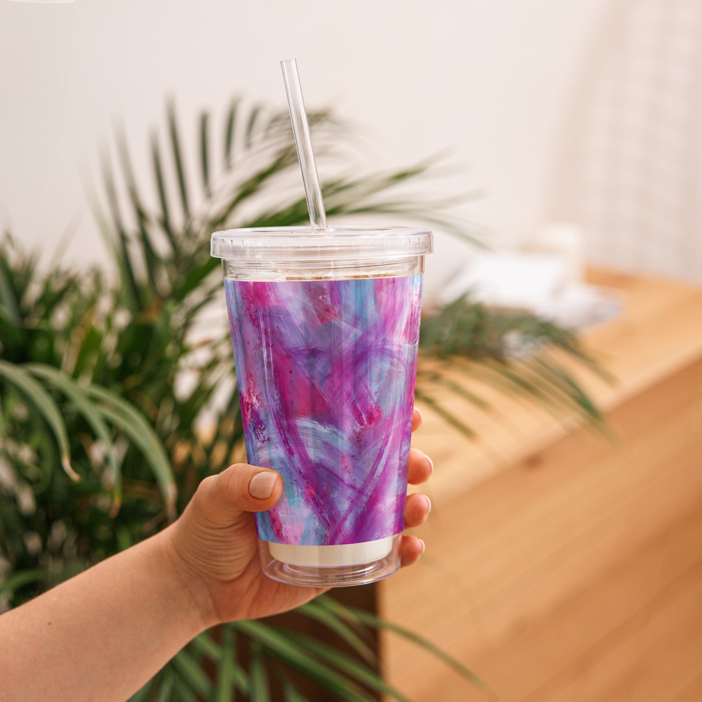 Pink, Purple and Blue Hearts | Double-Wall Clear Tumbler with Straw | 16oz