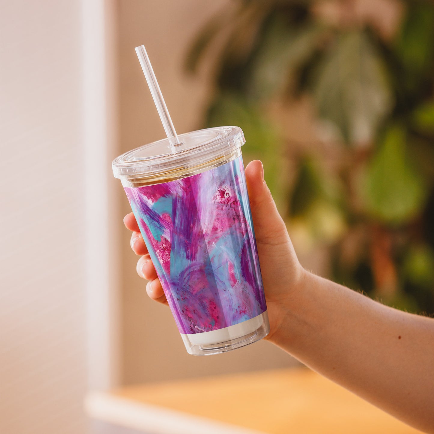 Pink, Purple and Blue Hearts | Double-Wall Clear Tumbler with Straw | 16oz