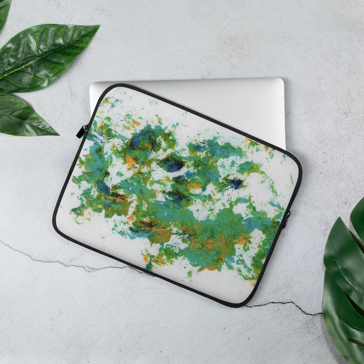 Abstract Art Laptop Sleeve in Green, Blue, Orange Splatter Design