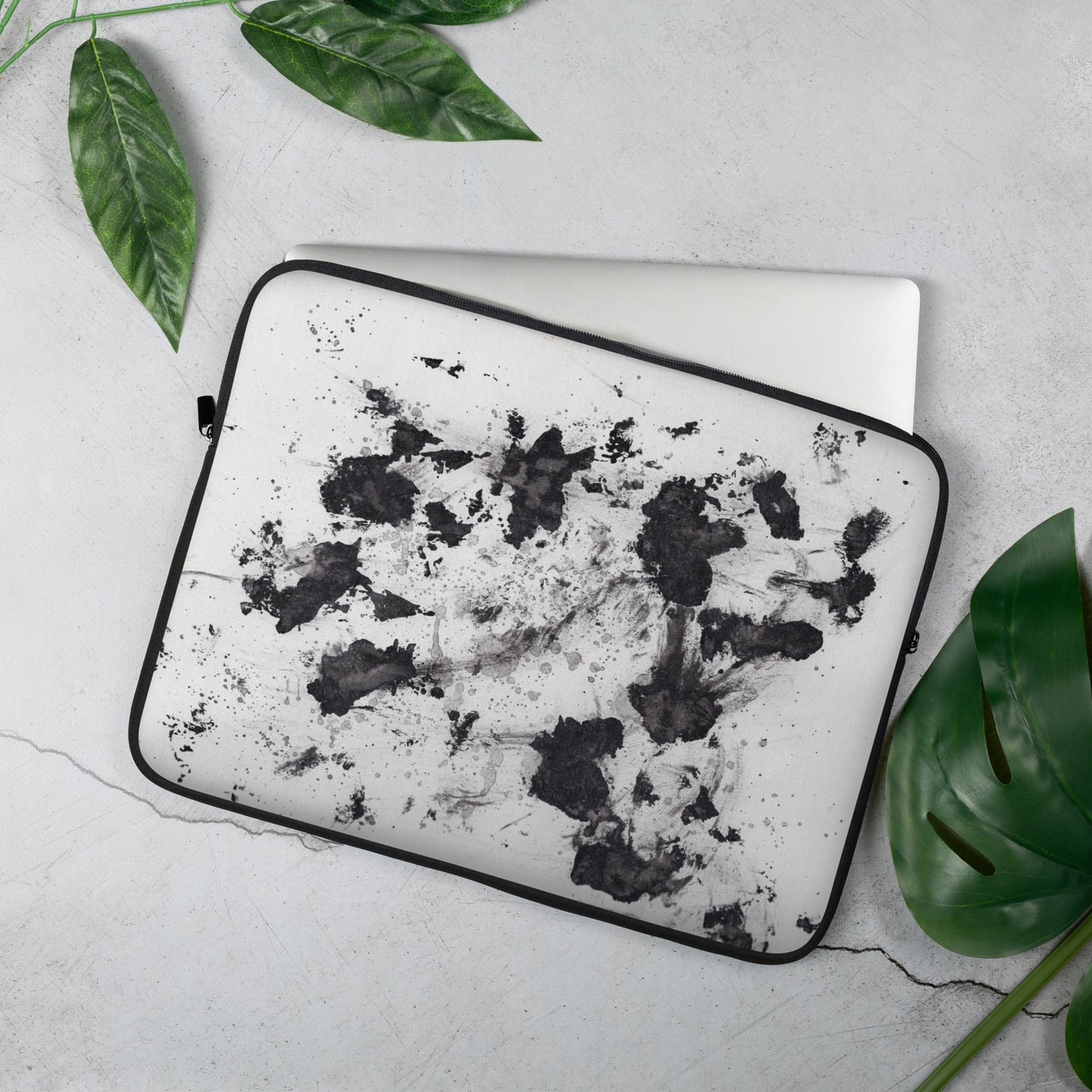 Laptop Sleeve with Abstract Black and White Splatter Pattern