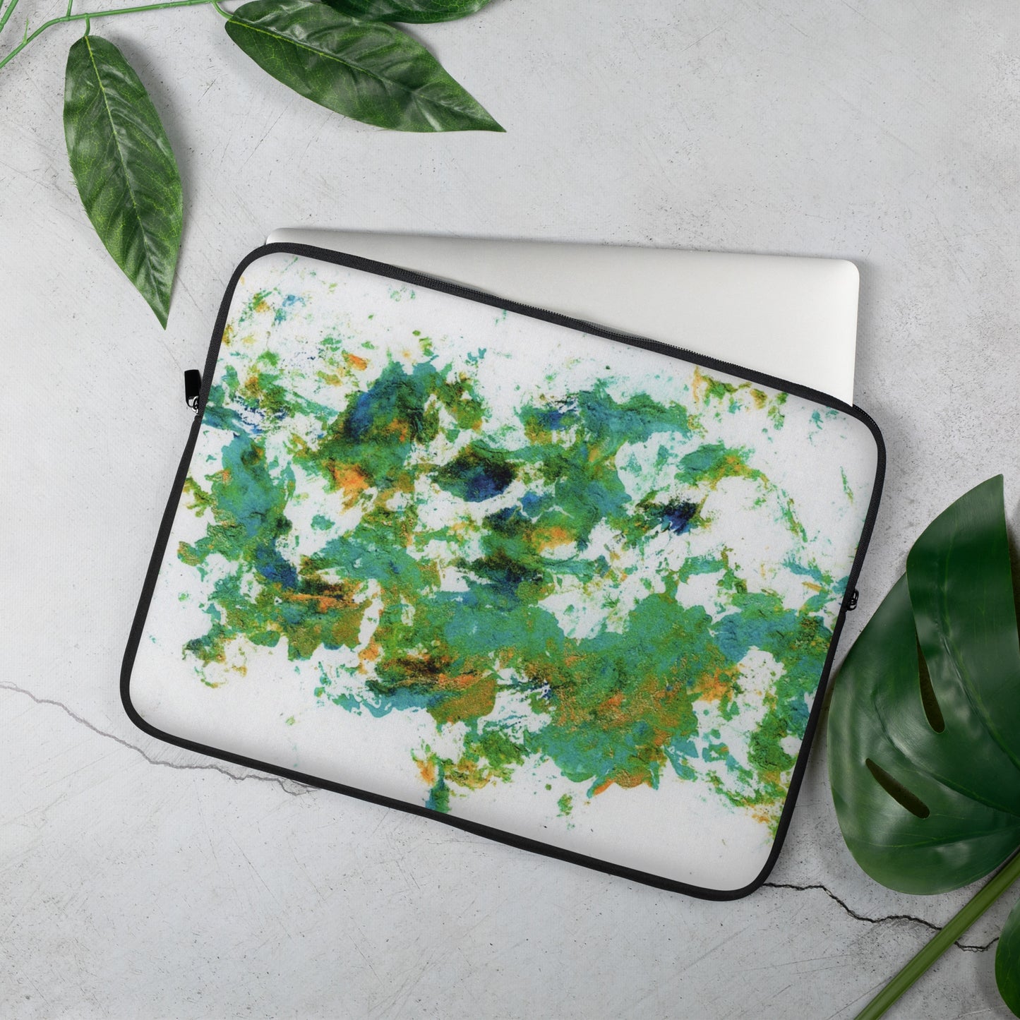 Abstract Art Laptop Sleeve in Green, Blue, Orange Splatter Design