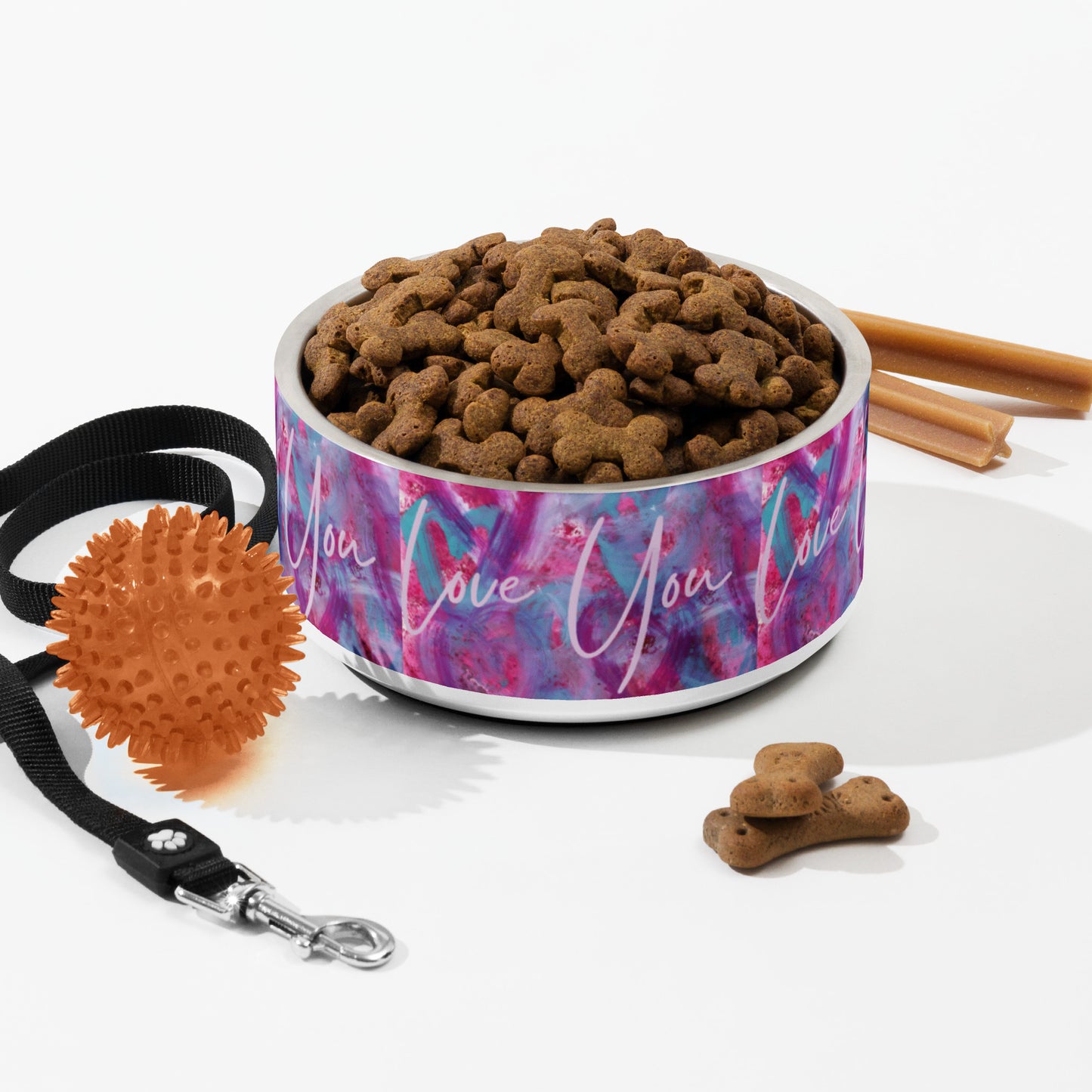 Love You | Pink, Purple and Blue Hearts | Pet bowl | 32oz