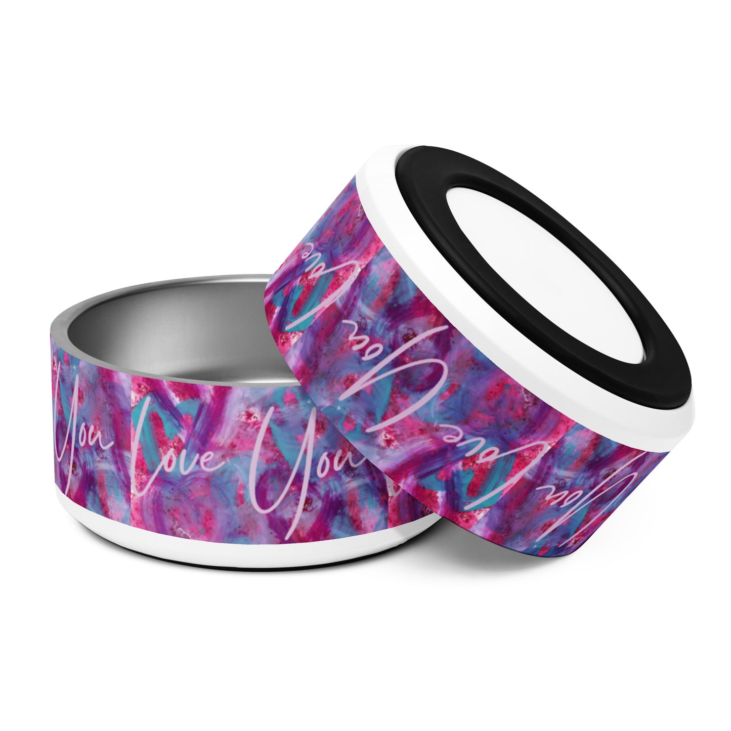 Love You | Pink, Purple and Blue Hearts | Pet bowl | 32oz