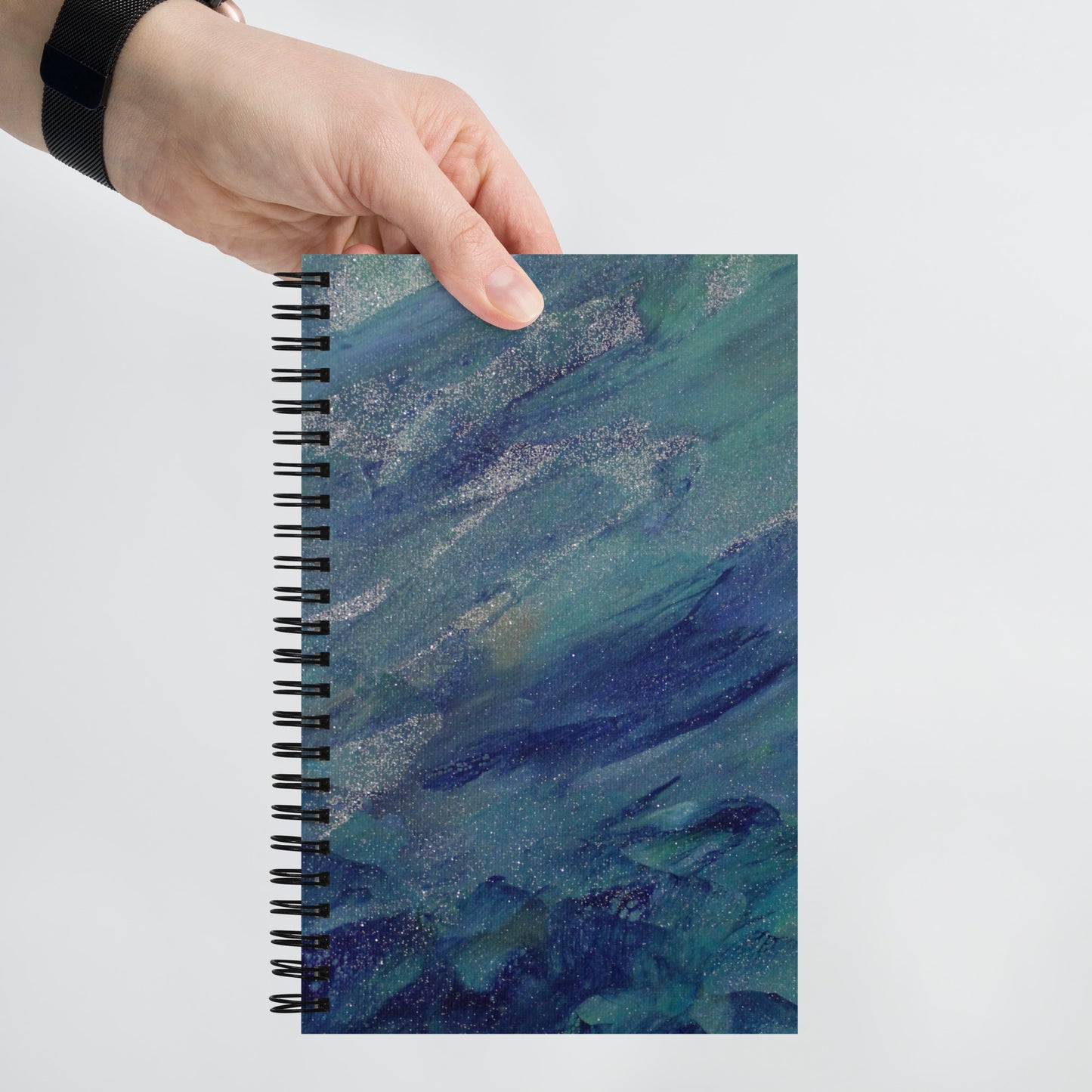 Spiral Notebook | Blue and Teal Watercolour Pattern with Silver Glitter