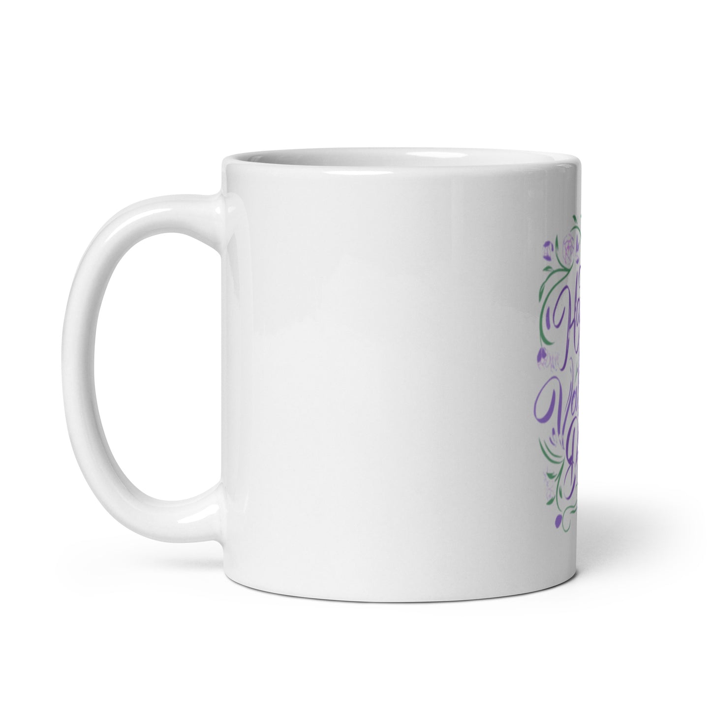 Happy Valentine's Day Coffee Mug | White Ceramic | Purple Floral Design