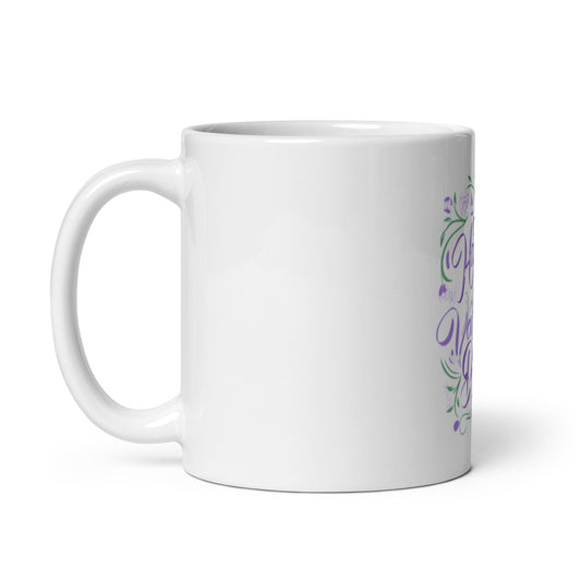 Happy Valentine's Day Coffee Mug | White Ceramic | Purple Floral Design