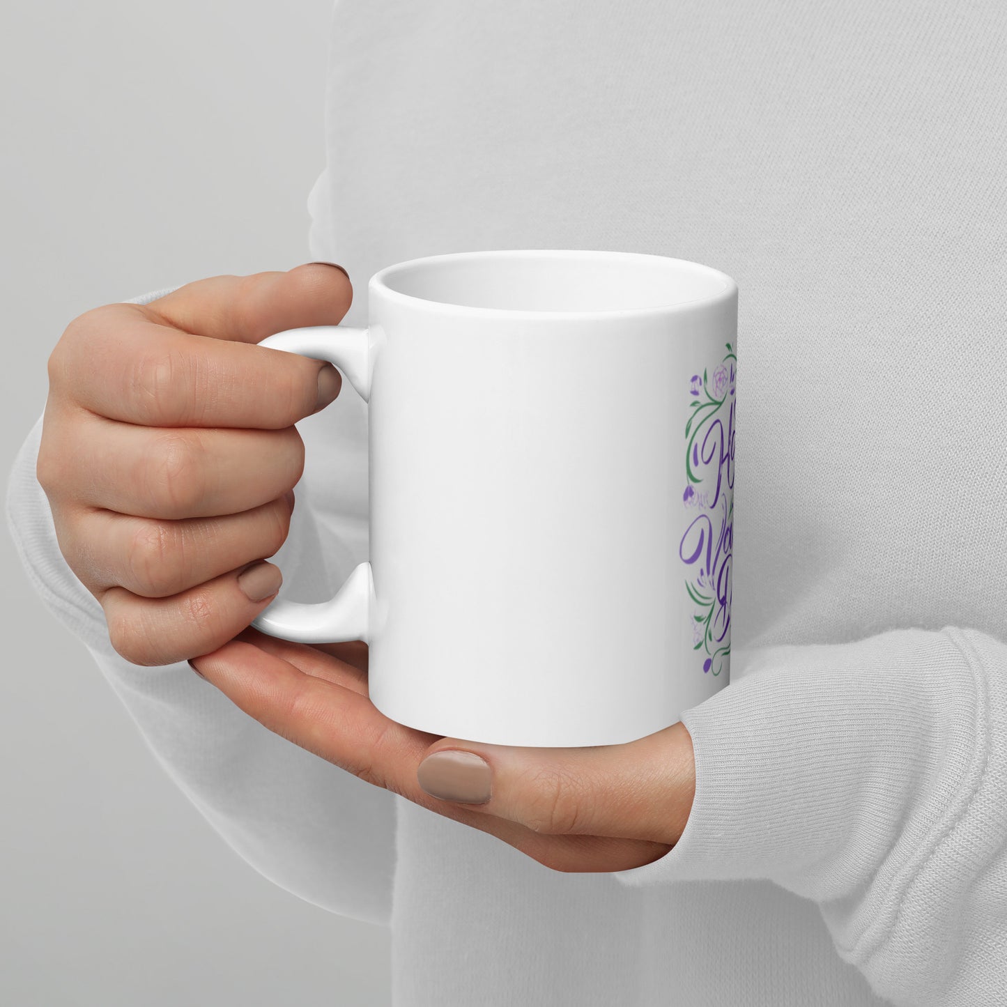 Happy Valentine's Day Coffee Mug | White Ceramic | Purple Floral Design