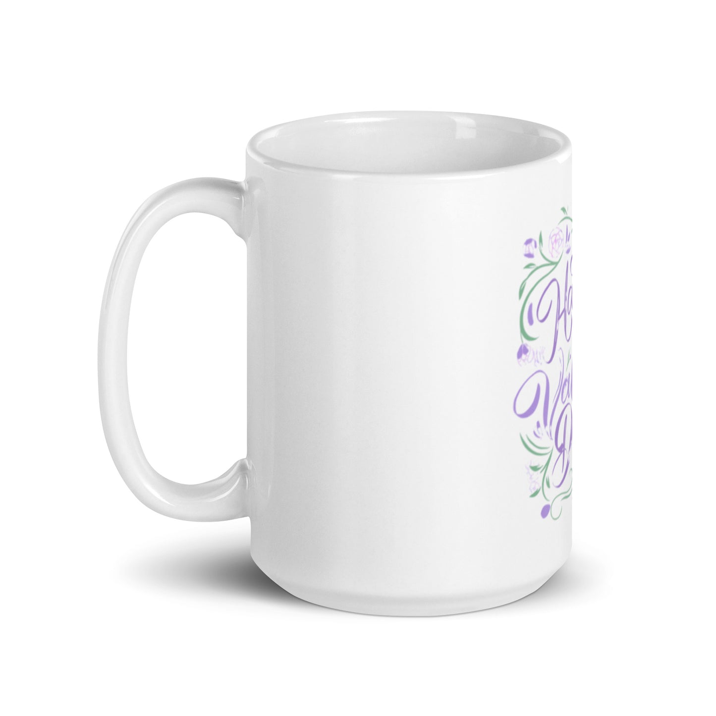 Happy Valentine's Day Coffee Mug | White Ceramic | Purple Floral Design