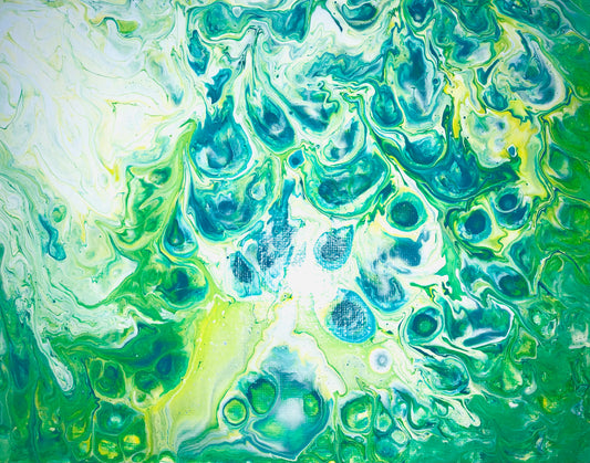 Abstract acrylic flow painting featuring swirls of green, blue, and yellow on a white background.